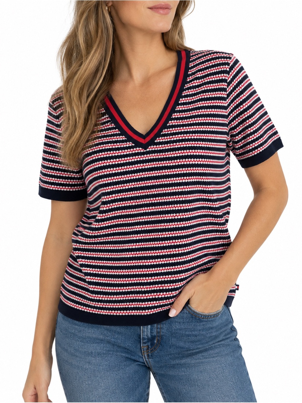 Tommy Hilfiger Textured Striped Knit V-Neck Top Red White Navy L